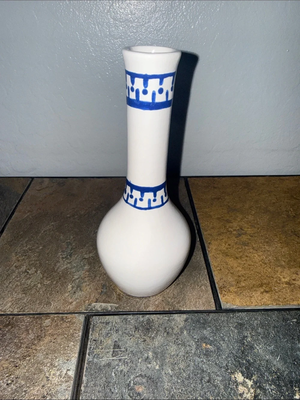 Hand Painted Blue and White Ceramic Bud Vase Folk Art Geometric Pattern 7.5
